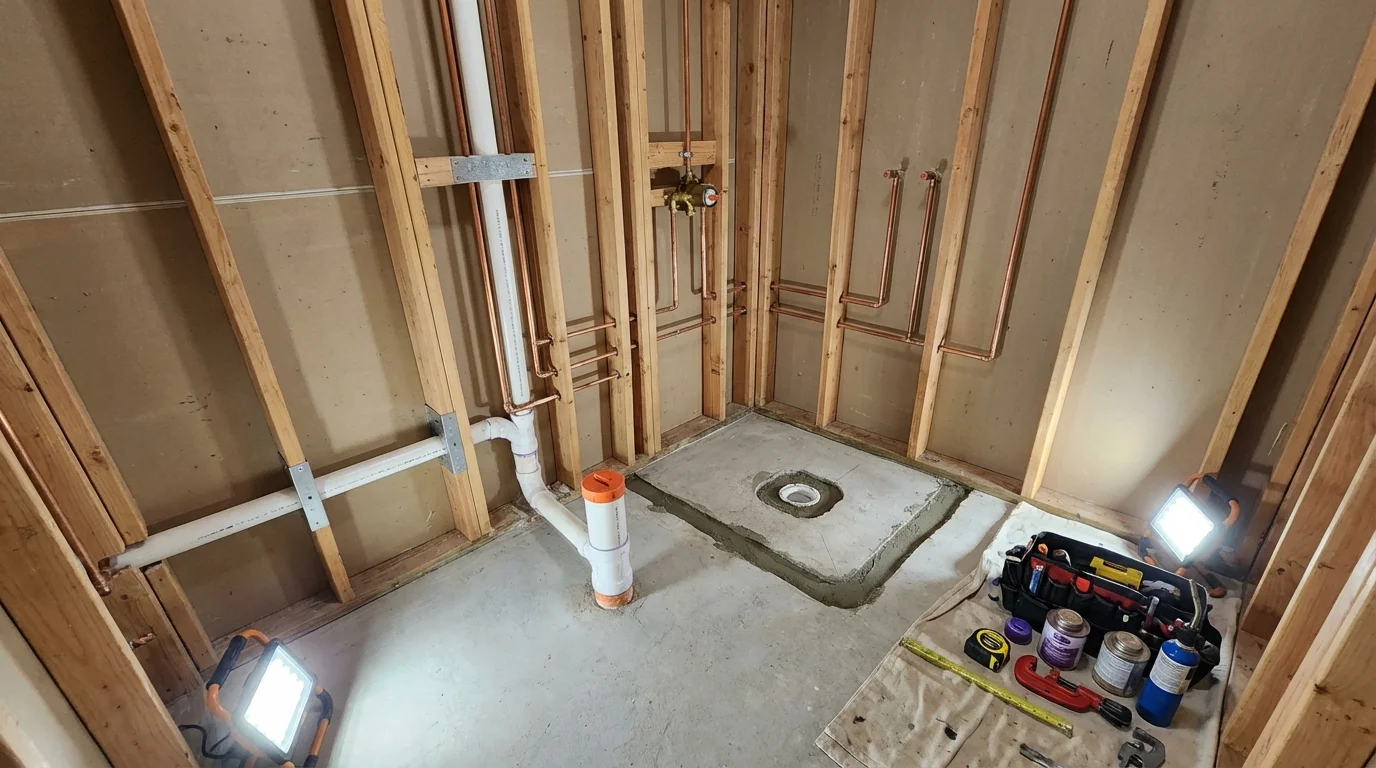 Bathroom rough-in plumbing during remodel by Johns Plumbing LLC in Clarkesville