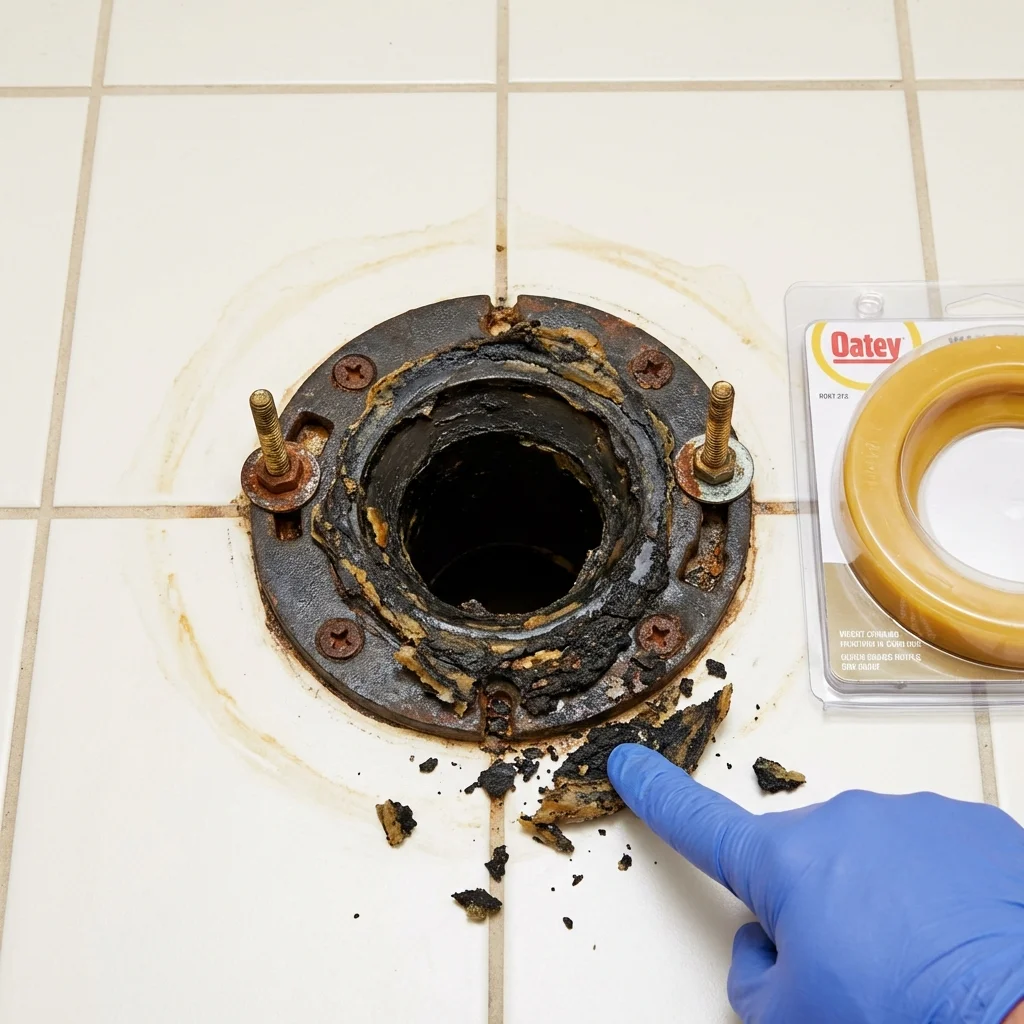 Failed wax ring showing water seepage at the base of a toilet in a Clarkesville, GA home